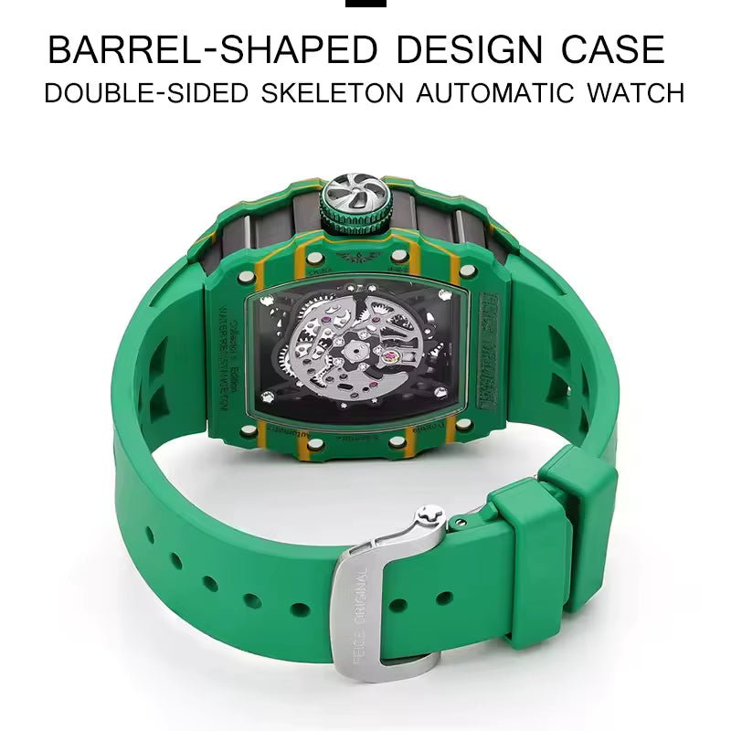 Green barrel-shaped luxury skeleton automatic watch with transparent case back.