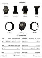 Design drawings of a luxury racing-inspired chronograph with carbon fiber texture and silicone band.