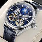 Luxury blue dial skeleton chronograph watch with world map and gold-tone mechanical details.