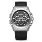 Luxury chronograph watch with bold case, black dial, blue accents, and leather strap — motorsport-inspired design