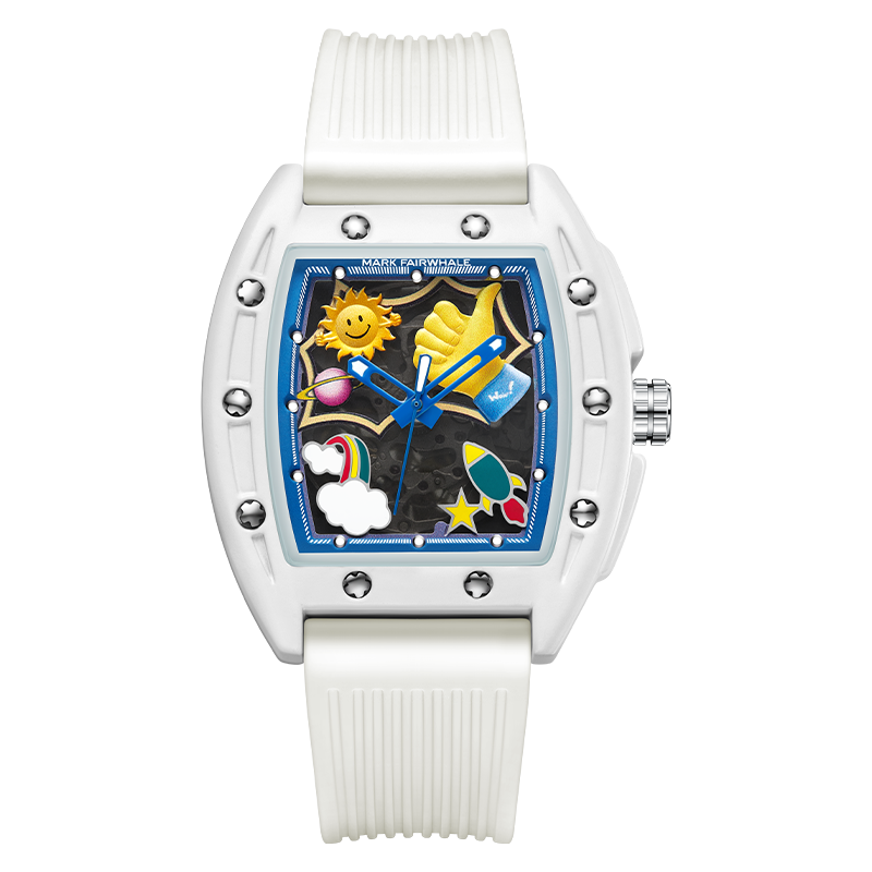 Mark Fairwhale luxury chronograph watch with colorful cartoon motif and white rubber strap.