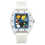 Mark Fairwhale luxury chronograph watch with colorful cartoon motif and white rubber strap.