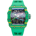 Green luxury skeleton watch with racing-inspired colorful accents and a tonneau case.