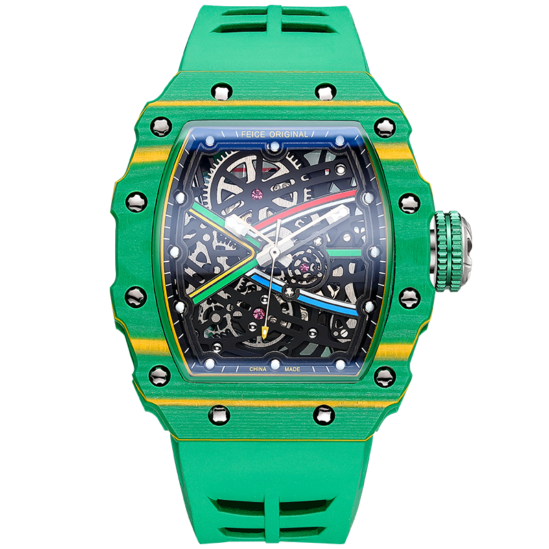 Green luxury skeleton watch with racing-inspired colorful accents and a tonneau case.