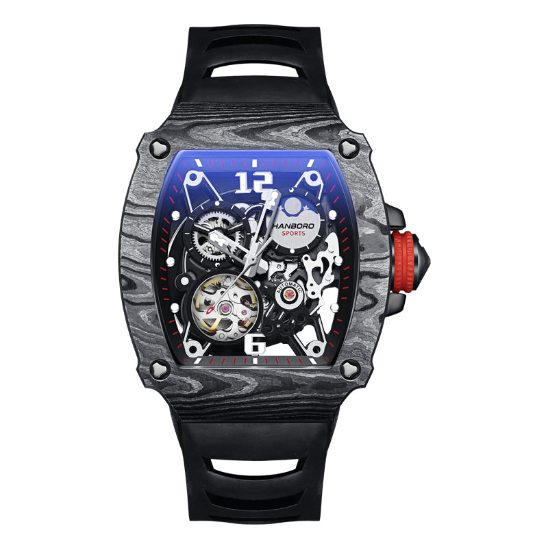 Luxury skeleton chronograph watch with carbon fiber case and black rubber strap.
