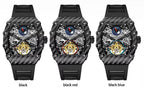 Three luxury skeleton chronograph watches with carbon fiber cases in black, black red, and black blue.