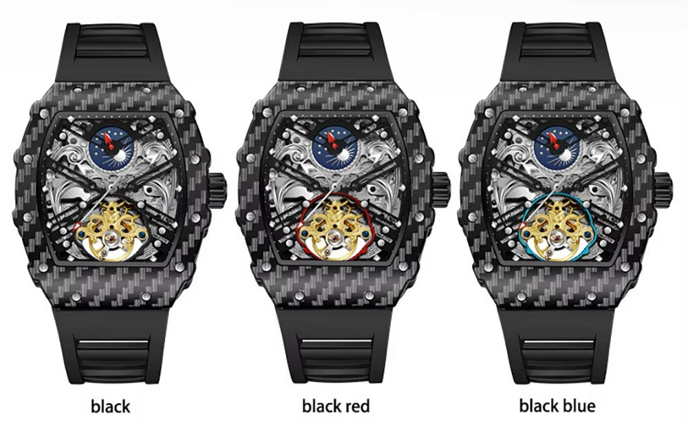 Three luxury skeleton chronograph watches with carbon fiber cases in black, black red, and black blue.