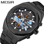 Black racing-inspired chronograph watch with bold markers, blue details, and sporty orange accents