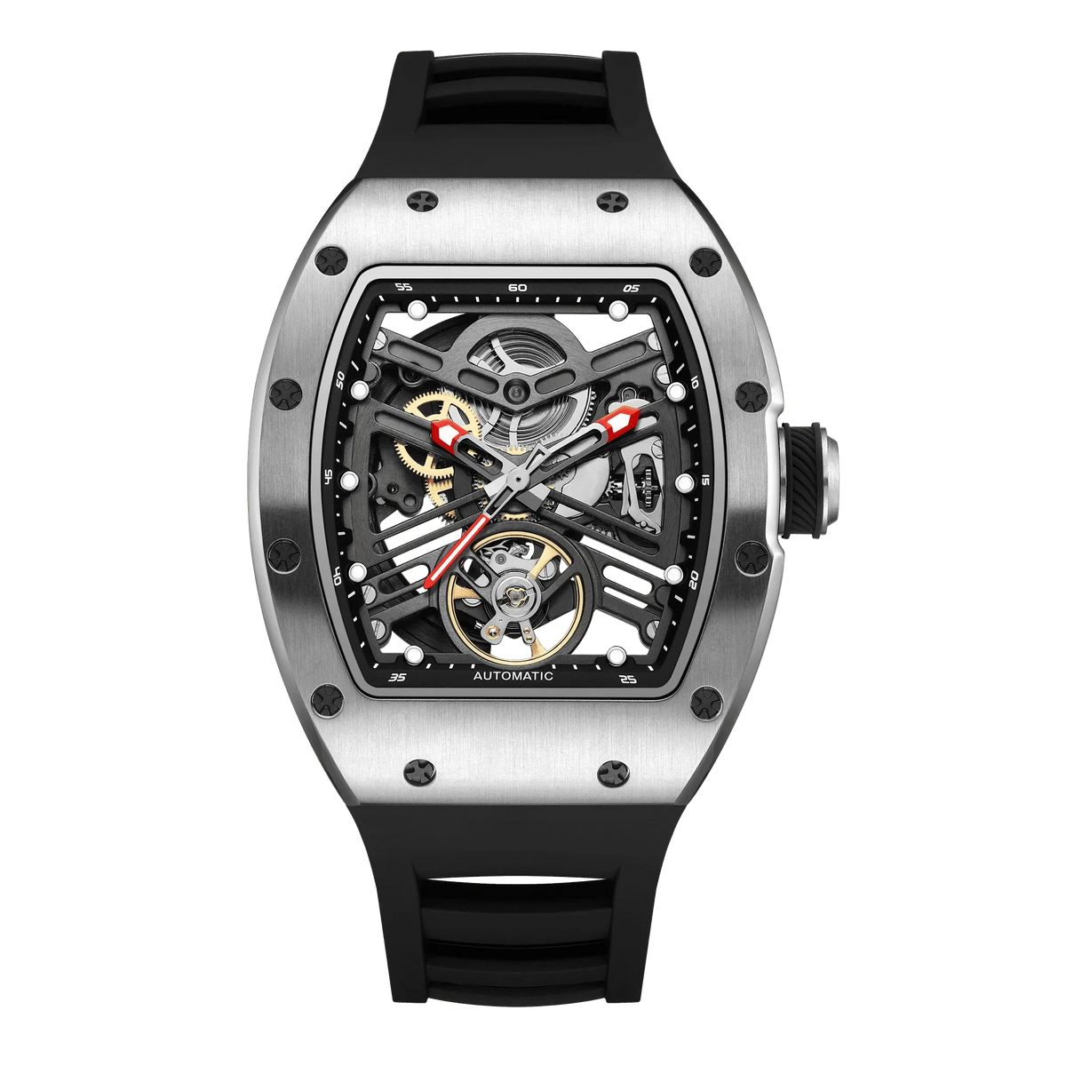 Luxury skeleton automatic watch with visible gears, tonneau case, and black rubber strap