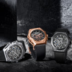 Luxury chronograph watches with bold motorsport design, carbon fiber cases, and black leather straps