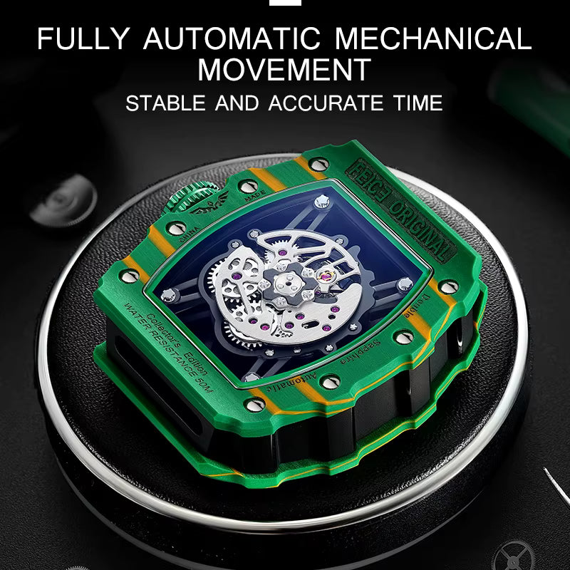 Skeleton dial luxury automatic mechanical watch with green carbon fiber style case.