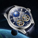 Luxury skeleton watch with blue globe dial and exposed gears against a space background