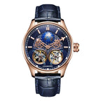 Hanboro luxury skeleton chronograph watch with rose gold case and blue leather strap.