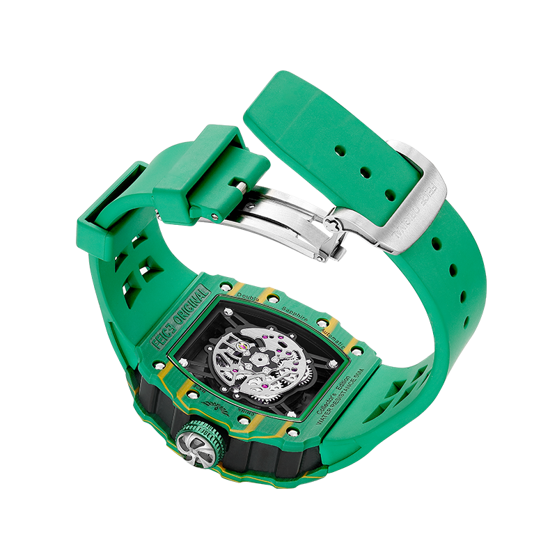 Green luxury skeleton chronograph watch with rubber strap and automatic movement.
