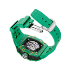 Green luxury skeleton chronograph watch with rubber strap and automatic movement.