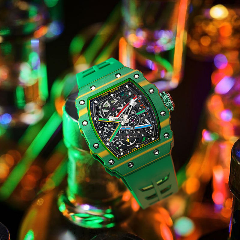 Green luxury skeleton watch with a bold racing-inspired design and rubber strap.
