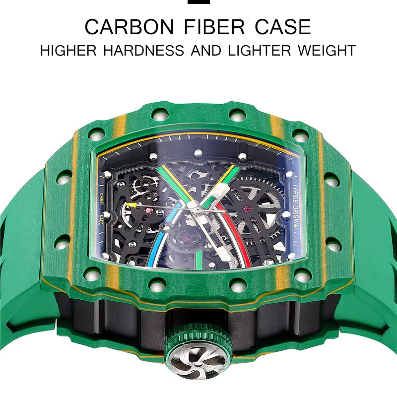Green carbon fiber skeleton watch with racing-inspired colorful accents and sporty design