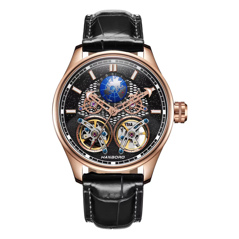 Hanboro luxury skeleton chronograph watch with rose gold case and black leather strap