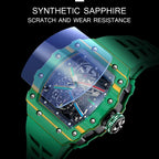 Green luxury skeleton watch with synthetic sapphire glass for scratch and wear resistance