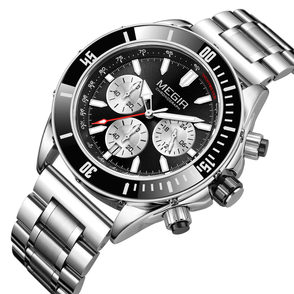 Racing-inspired stainless steel chronograph watch with bold black dial, sporty subdials, and tachymeter bezel