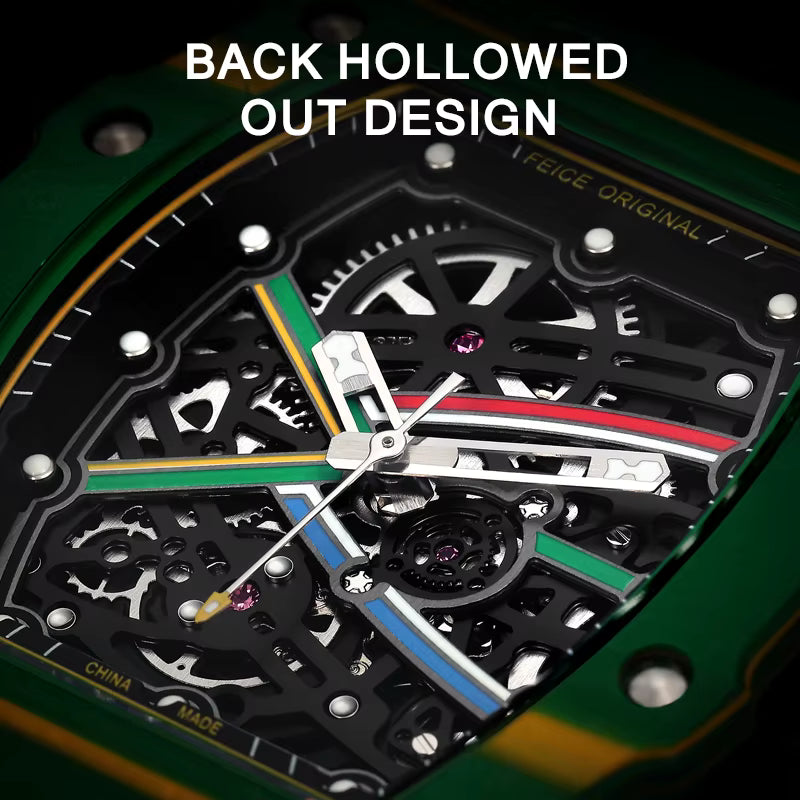 Luxury racing-inspired chronograph with a hollowed-out skeleton dial and colorful racing stripes.