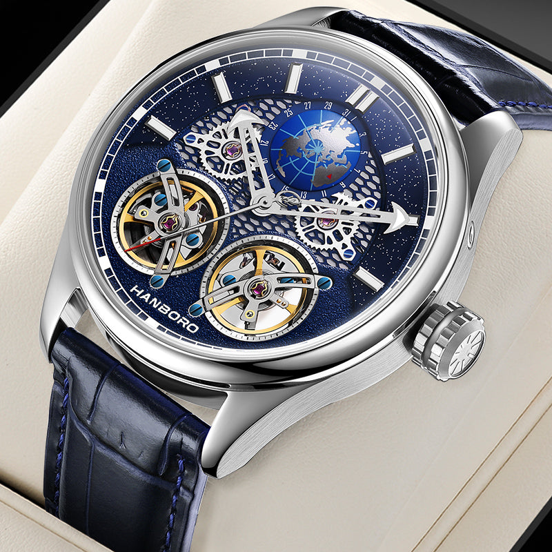 Luxury Hanboro skeleton chronograph watch with blue dial and silver case.