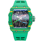 Green luxury skeleton chronograph watch with racing-inspired design and rubber strap.
