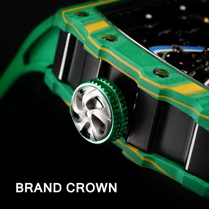 Close-up of a green and yellow racing-inspired luxury watch crown with a silver rim design.