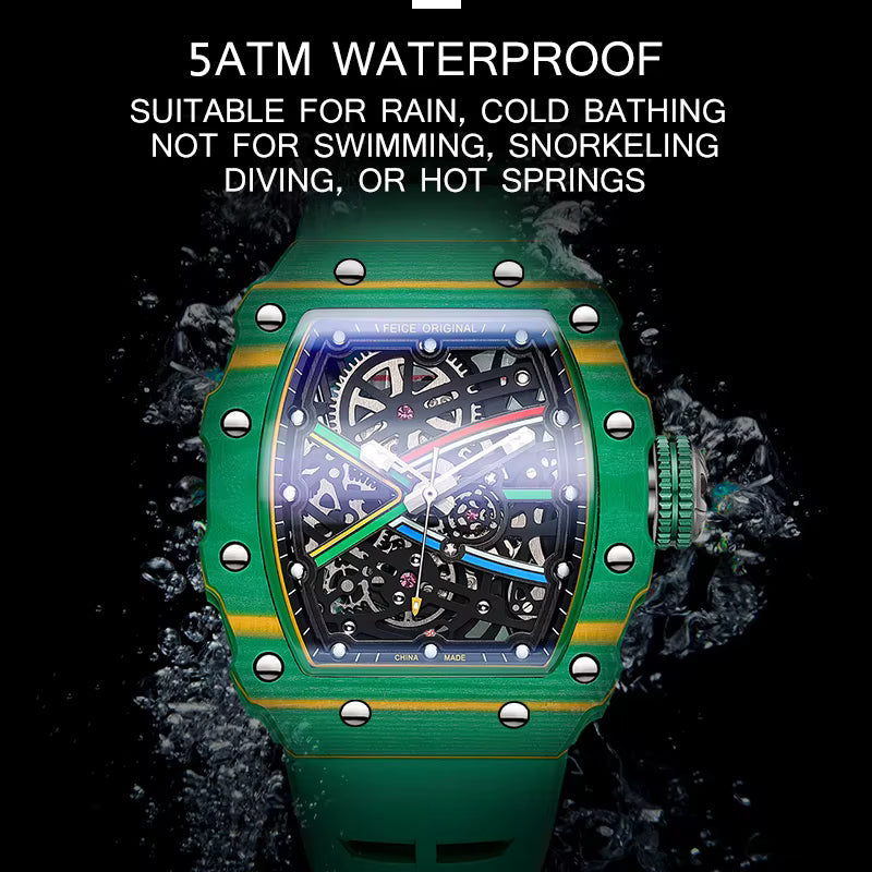Green luxury racing chronograph watch with skeleton dial and 5ATM water resistance.